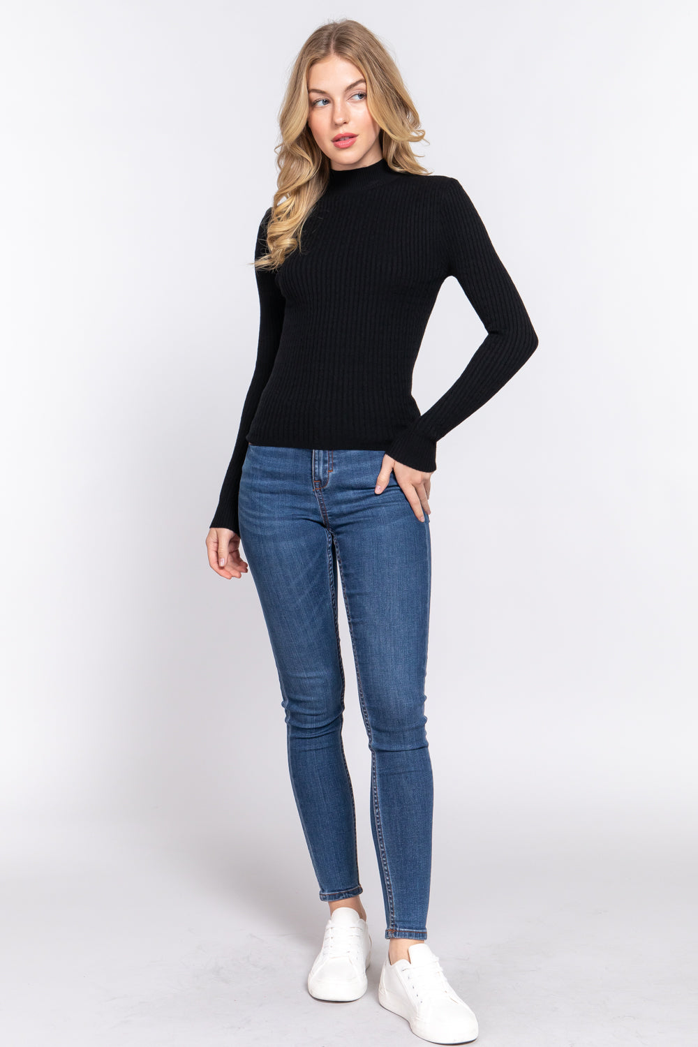 Long Slv Mock Neck Rib Sweater